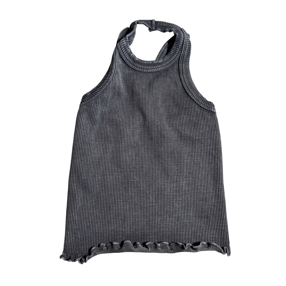 Tiger Friday Adult XS/S Charcoal Gray Ribbed Halter Dance Top Lettuce Hem Active
